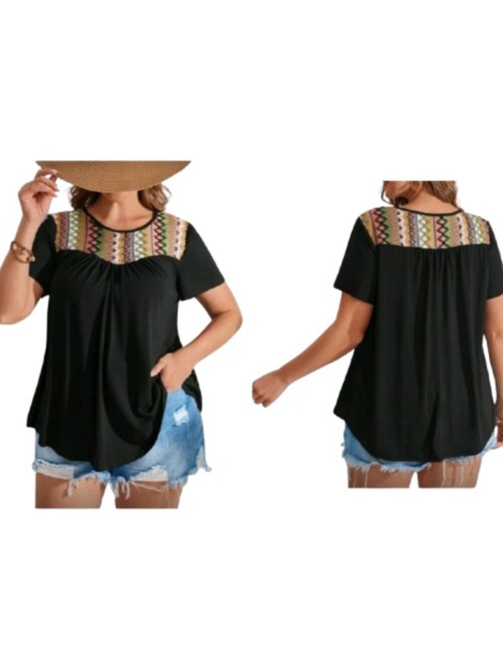 Emery Rose Plus Black Relaxed Fit Mixed Media Blouse Geo-Print Neckline